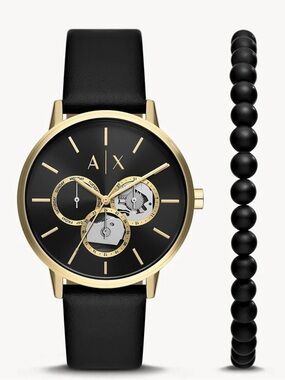 Armani Exchange Black Dial Watch with Gold-Tone Case and Matching Bracelet
